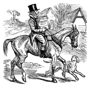 A man riding a horse whilst carrying an extremely large jar of currant jelly (jam). His dog scampers beside him, looking hopeful that the jar might end of on the ground and the contents in his stomach. From 