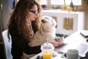 Stylish brunette working from home in her home office and holding her dog in her lap.